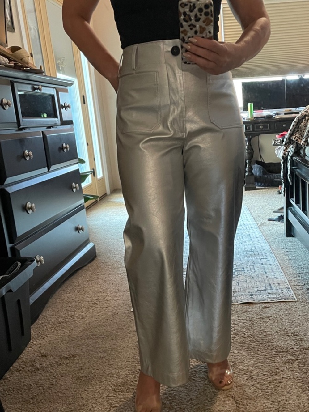 Maeve “the Colette” High-Waist Metallic Silver Wide-Leg Pants